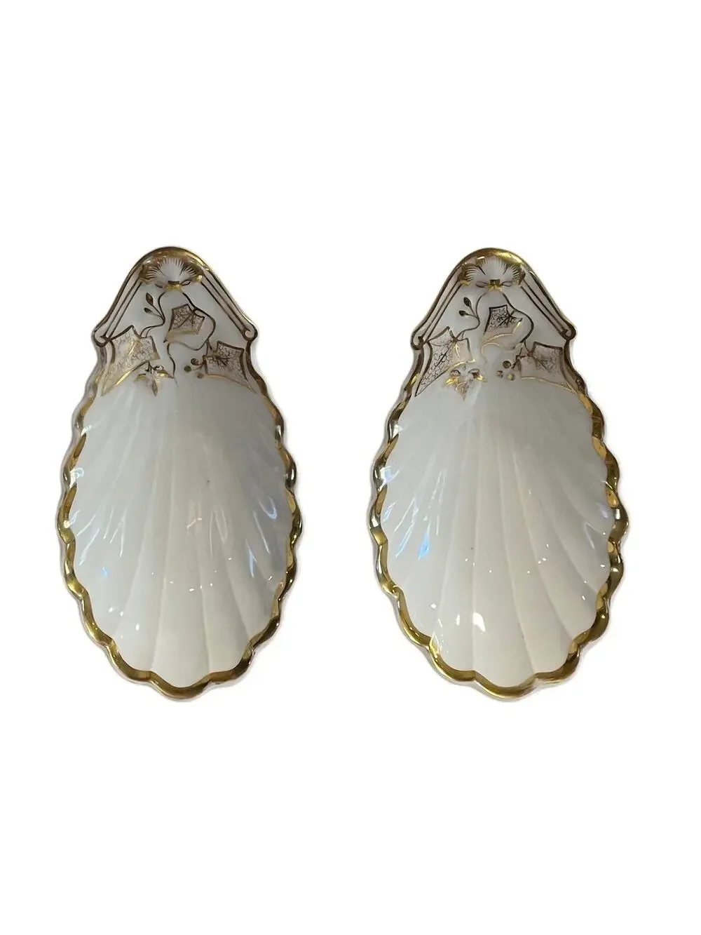 Vintage Scallop Shell Relish Dish / Trinket Tray, White Porcelain Gold Set of 2